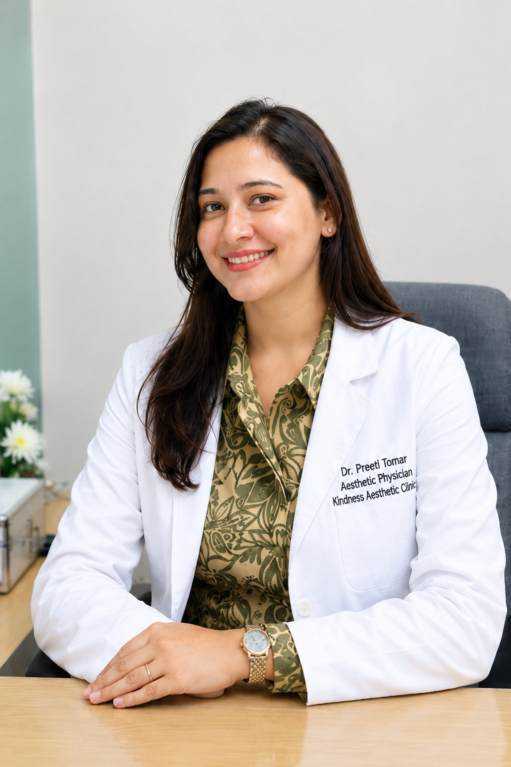 Dr. Preeti Tomar, Aesthetic Physician at Kindness Aesthetic Clinic, seated at her desk in a white clinical coat embroidered with her name and clinic