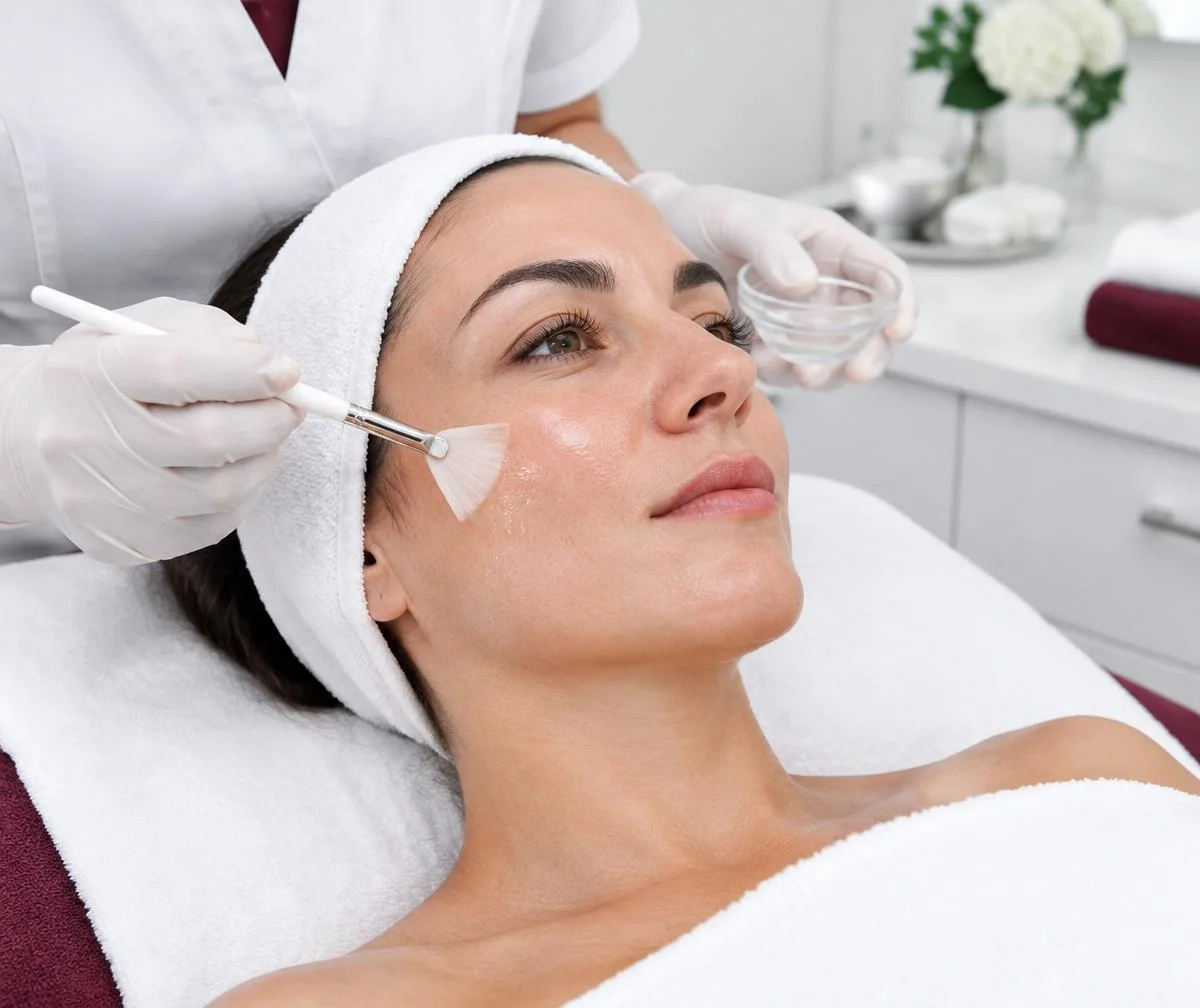 Illustrative professional chemical peel application with a fan brush; no branded product shown