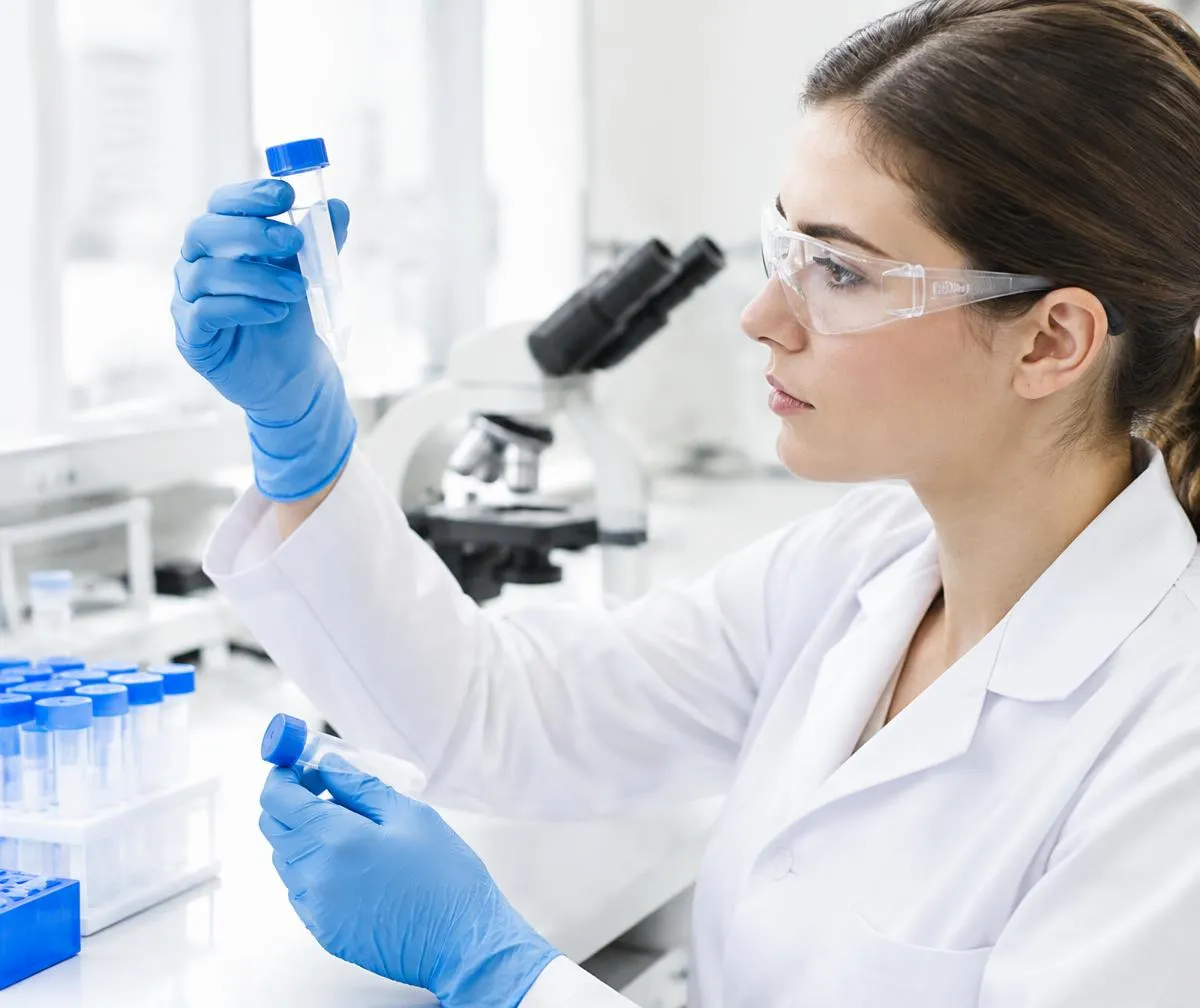 Illustrative researcher examining samples in a laboratory; not product verification