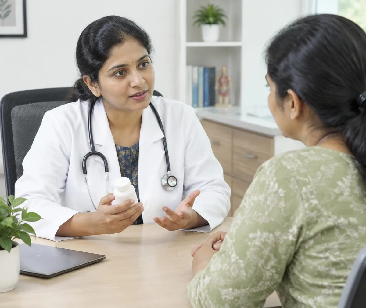 Illustrative physician discussing medicine safety with a patient