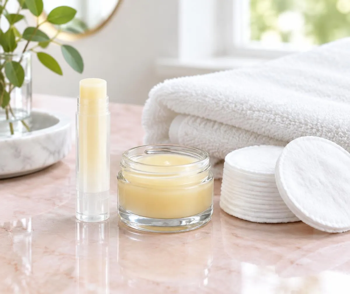 Illustrative plain lip balm and gentle moisturising care supplies