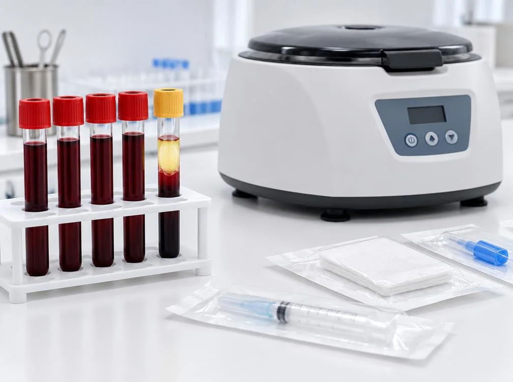 Illustrative capped blood collection tubes and centrifuge for fibrin preparation