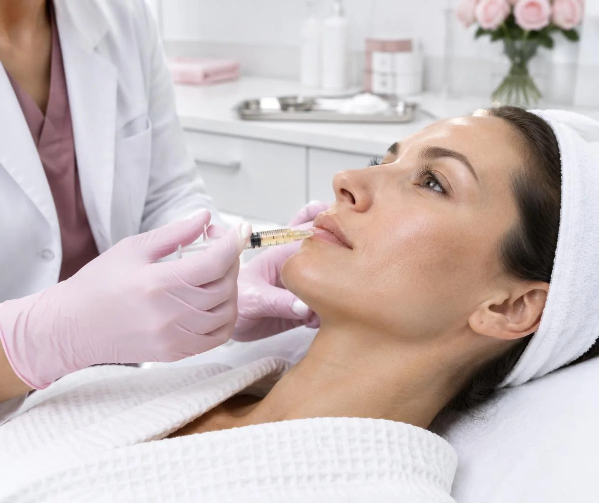 Illustrative clinician preparing a fine syringe for a blood-derived facial treatment