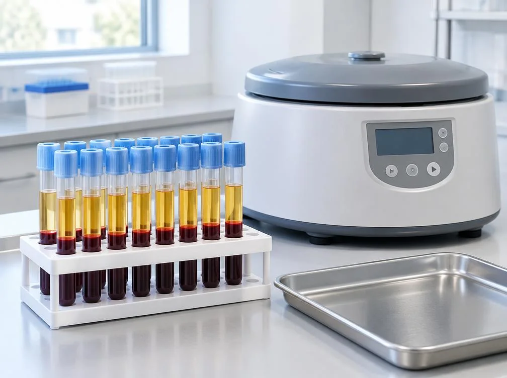 Illustrative separated blood sample tubes and centrifuge for plasma preparation