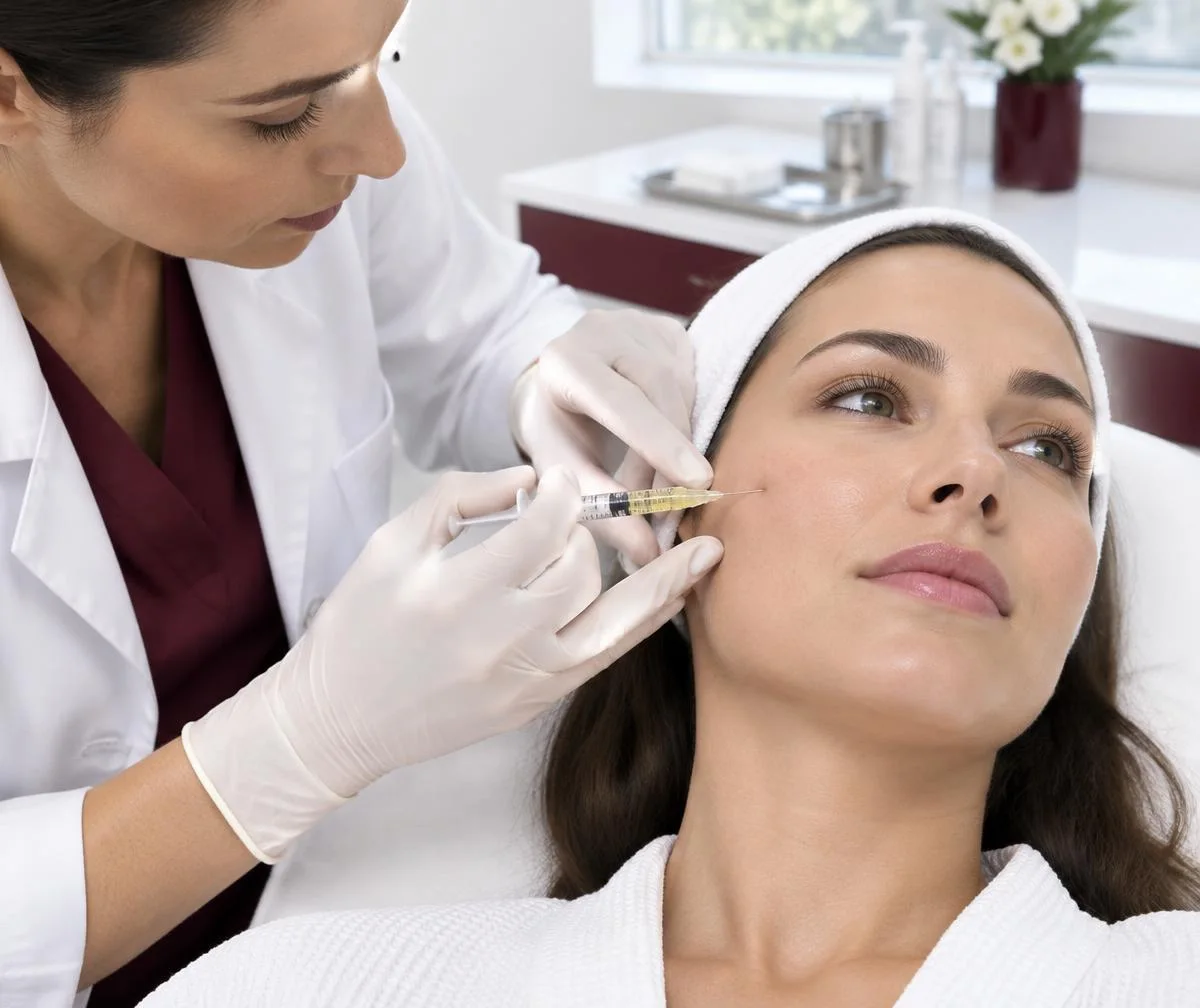 Illustrative gloved clinician performing a plasma facial procedure in a clean clinical setting